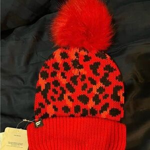 Fabletics Red Leopard Print Beanie with Pom Pom